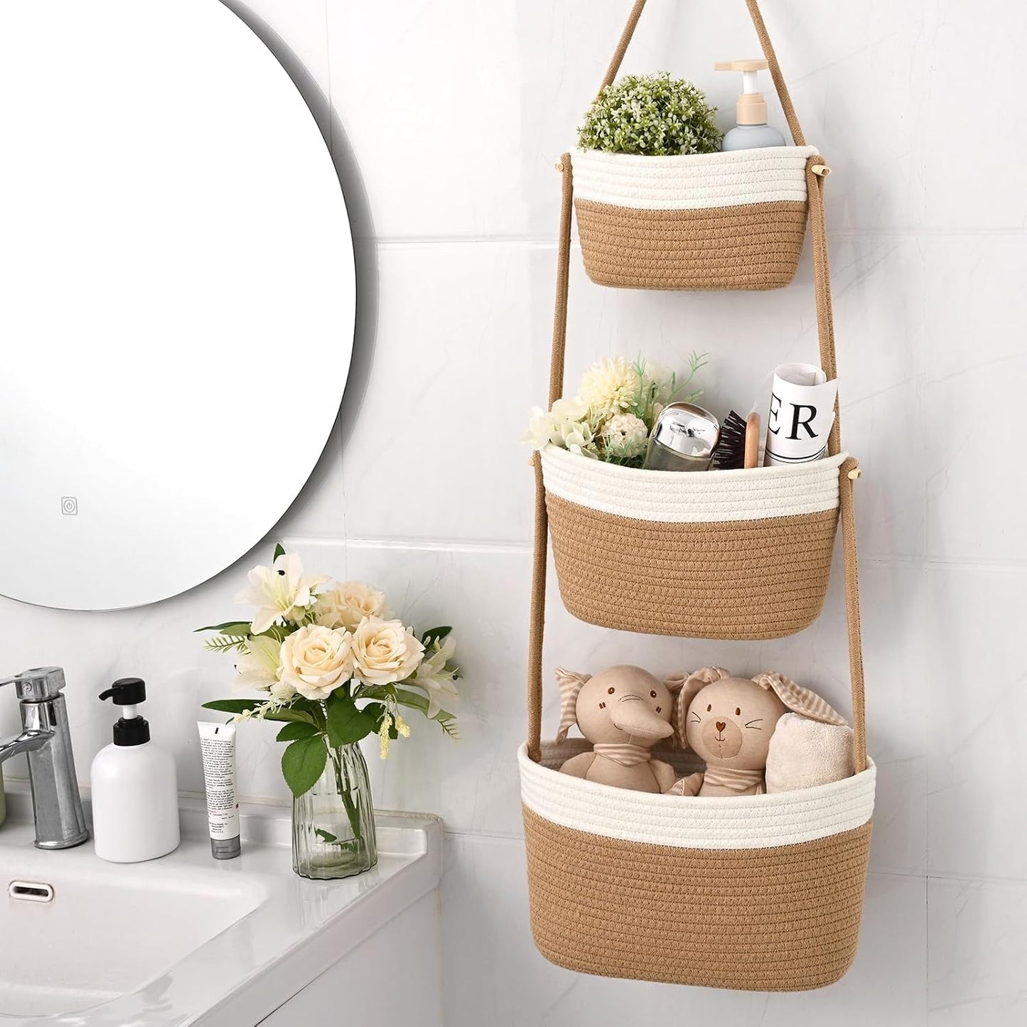 3-Tier Woven Wall Basket / Classic / Jute & White
