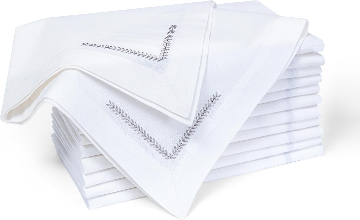 Bedding Craft Cotton Cloth Dinner Napkins Set of 12 – 18x18 with Decorative Embroidery & Selvedge – Machine Washable