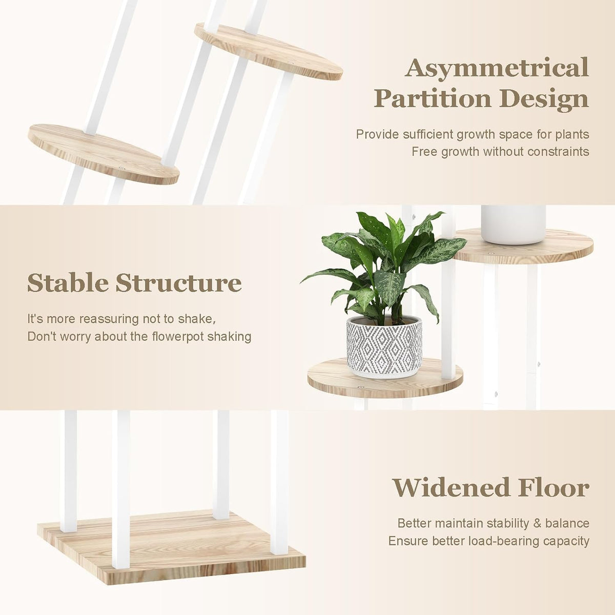4 Tier White Metal Wooden Tall Plant Stand Indoor Shelf Flower Pot Holder for Multiple Plants, Corner Display Rack for