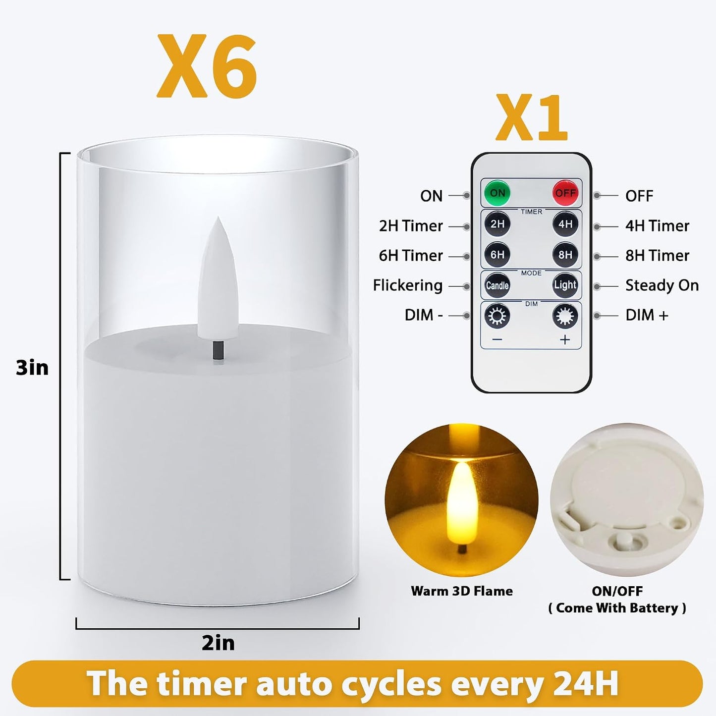 VIODAIM 6Pack Flickering Flameless LED Candles with Remote & Timer, Battery Powered - Small Pillar & Votive, Clear