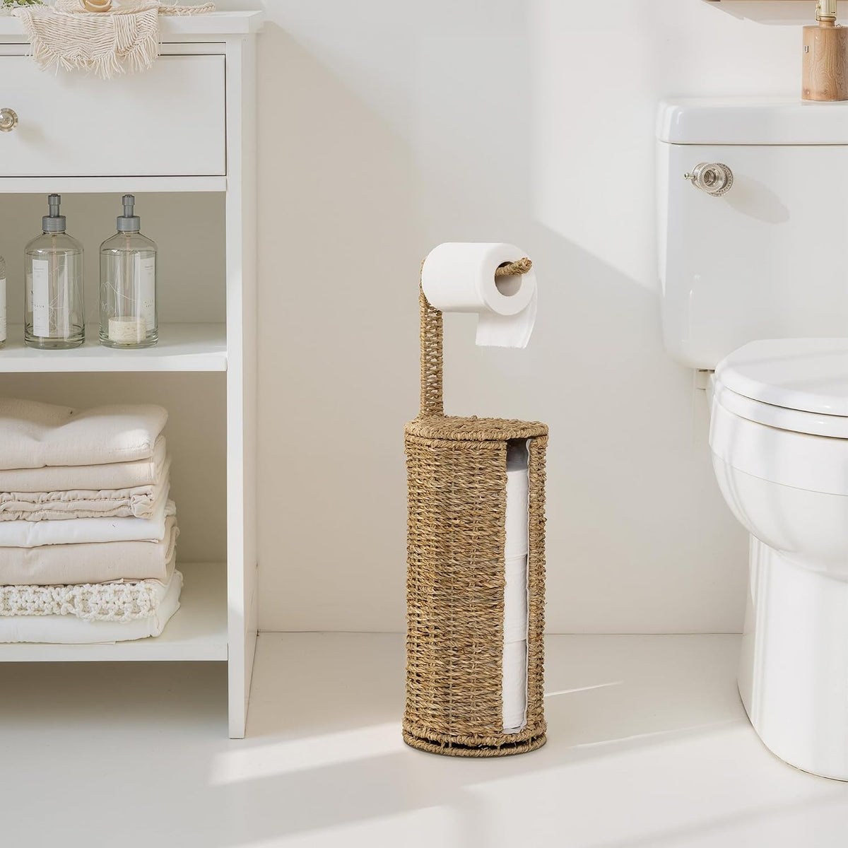 StorageWorks Wicker Freestanding Toilet Paper Holder Stand with Storage | Farmhouse Covered Toilet Paper Stand for 4
