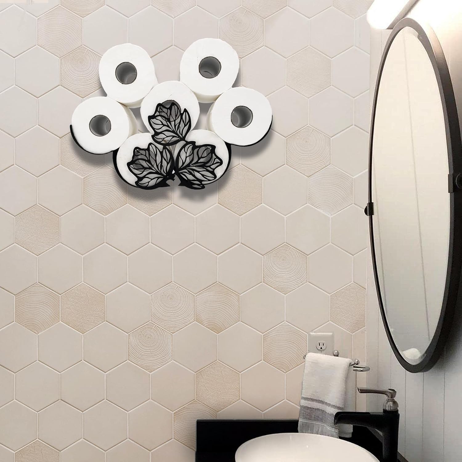 Leaves Metal Wall Toilet Tissue Holder, Black Toilet Paper Storage, Cute Wall Organizer for Bathrooms, Holds Extra 8