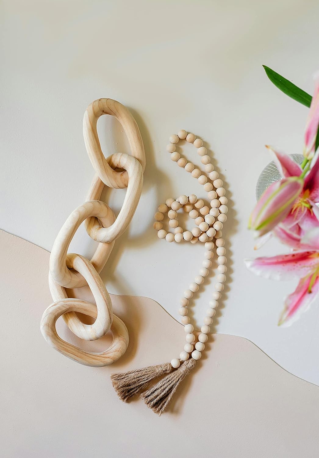 Decorative Wood Chain Link and Bead Garland Set / Natural