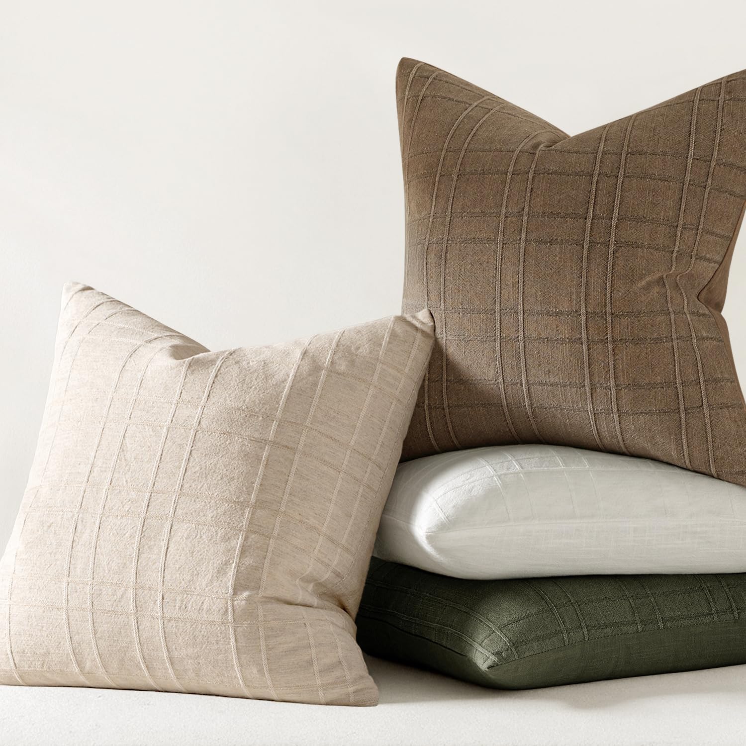 Decorative Linen Check Throw Pillow Covers Neutral Farmhouse / 18 x 18 / Natural Beige / Set of 2