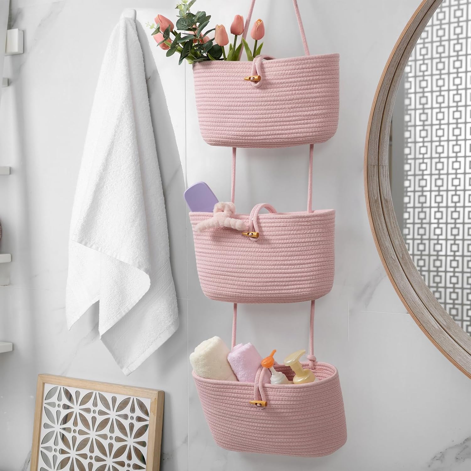 3-Tier Woven Cotton Storage Organizer Bag / Pink / 3 Tier+button