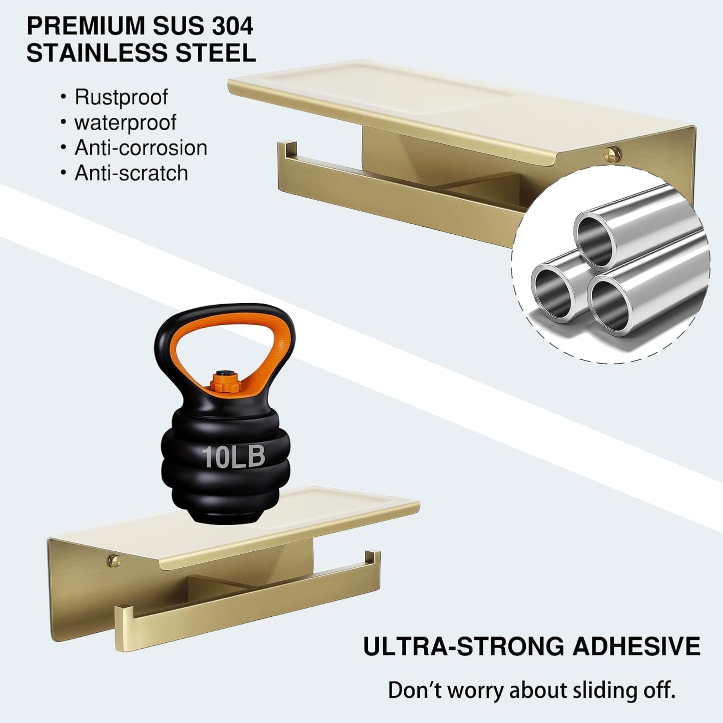 Alise Gold Double Toilet Paper Holder with Shelf,Self Adhesive or Drilling | Bathroom Tissue Holder Wall Mount,SUS304