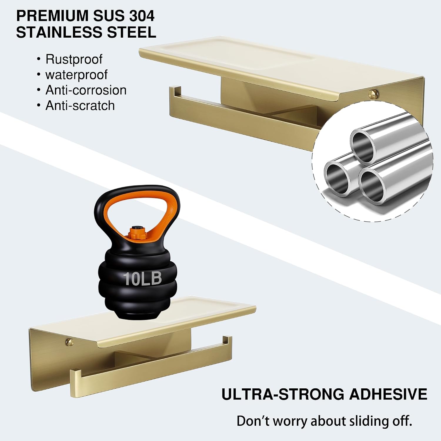 Alise Gold Double Toilet Paper Holder with Shelf,Self Adhesive or Drilling | Bathroom Tissue Holder Wall Mount,SUS304