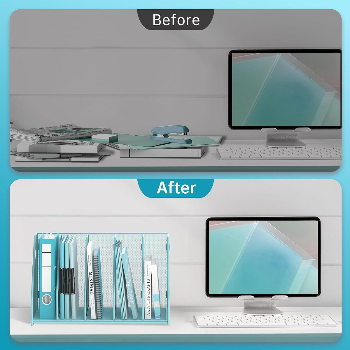 Binder Organizer, Magazine File Holder with 5 Vertical Rack, Blue | Metal Desk File Organizer & Binder Holders