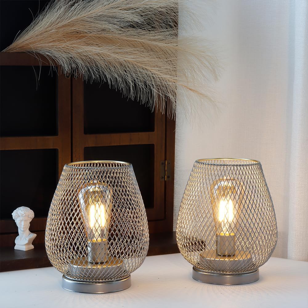 JHY DESIGN Set of 2 Metal Cage LED Lantern Battery Powered Cordless Accent Light with LED Great for Weddings Parties