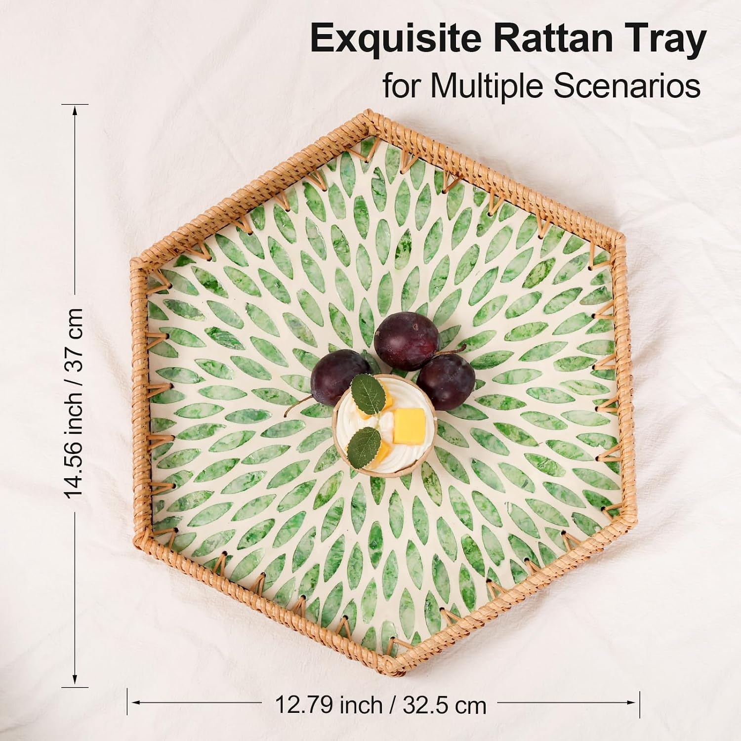 Hexagon Rattan Tray / Green Leaves