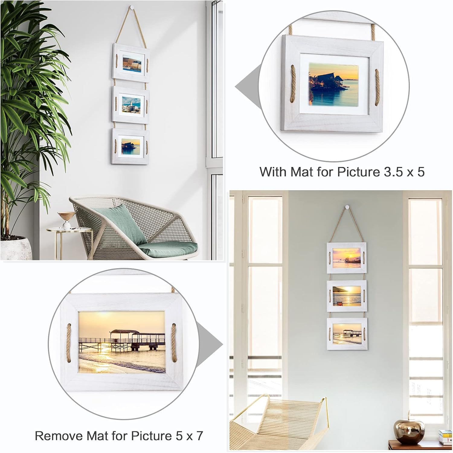 DLQuarts 5x7 Hanging Picture Frames Collage Wall Decor, 3-Frame Set, 3.5x5 with Mat or 5x7 Without Mat, Rustic Solid