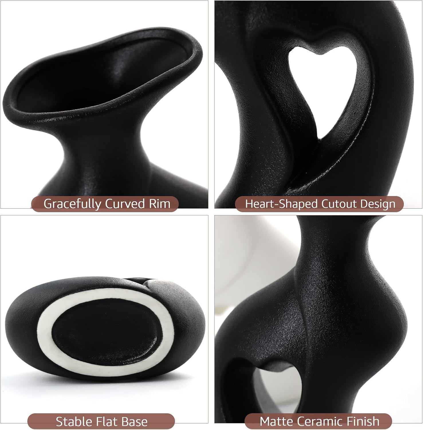 Ceramic Vase Hollowed Heart Flower Vase Set for Modern Nordic Boho Home Decor / Black&white