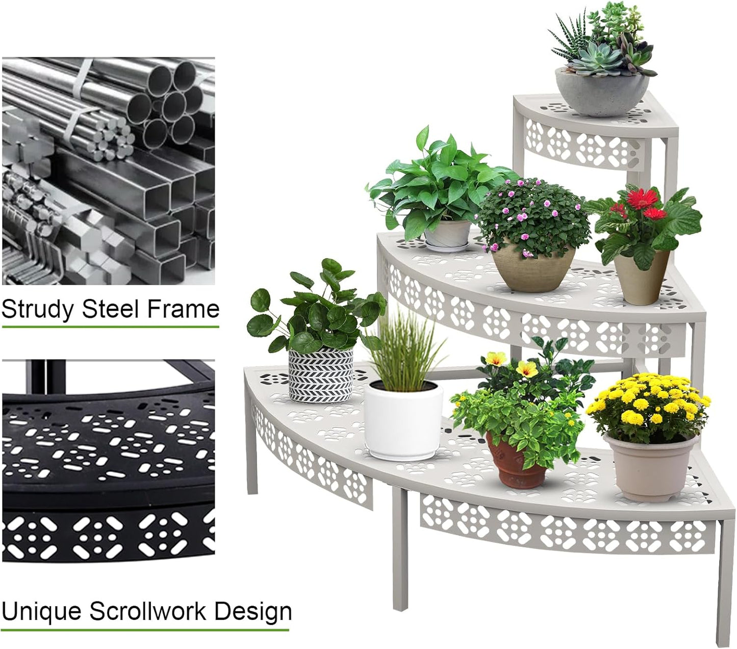 aboxoo 3-Tier Metal Plant Stand, Quarter Round Stair-Step Corner Shelf | Holds multiple flower pots,Indoor/outdoor