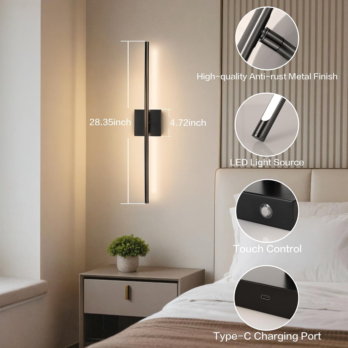 Rechargeable Wall Sconce Set of Two, Modern Wireless Black Wall Sconces with Remote, 28.35Inch Dimmable Indoor Home