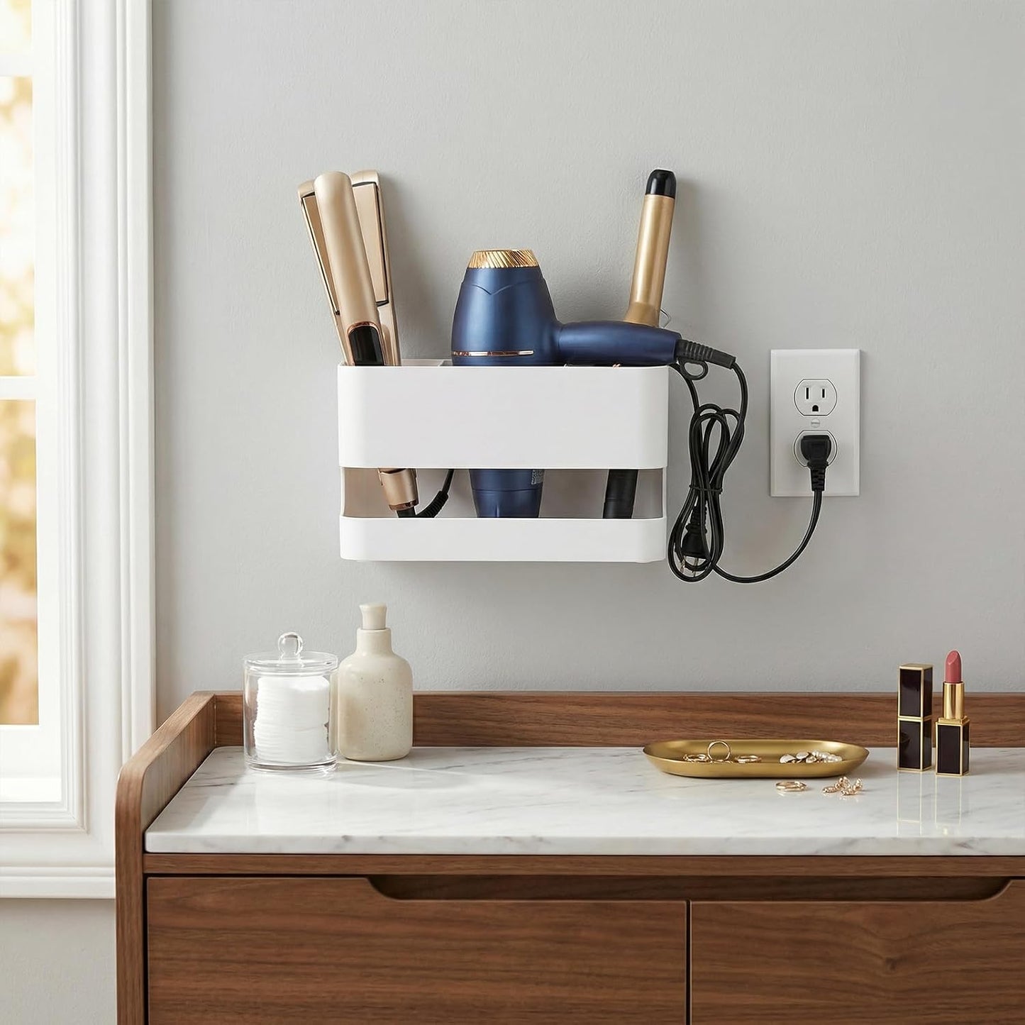 MyGift Wall Mounted Hair Tool Organizer with 3 Slots, White Metal | Bathroom & Salon Storage Rack for Blow Dryer