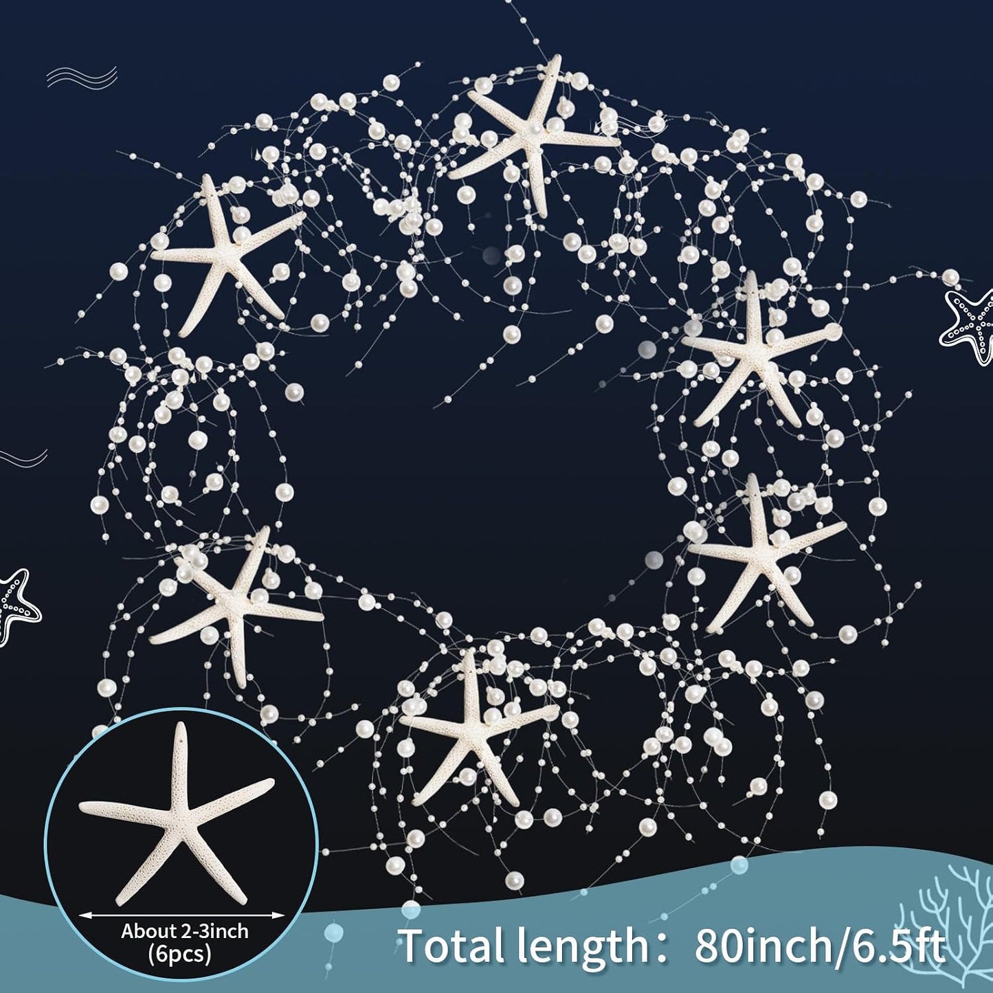 Beach Beaded Starfish Garland Christmas Decorations 2M/ White / Off White / 80 Inch / Set of 6