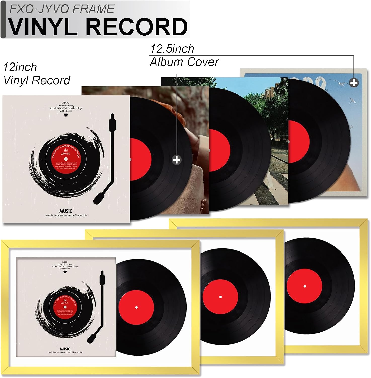 Vinyl Record Frame Display for 12 inch LP with 12.5x12.5 Album Cover | Gold 16x24 Frame Light Weight with High-Clarity