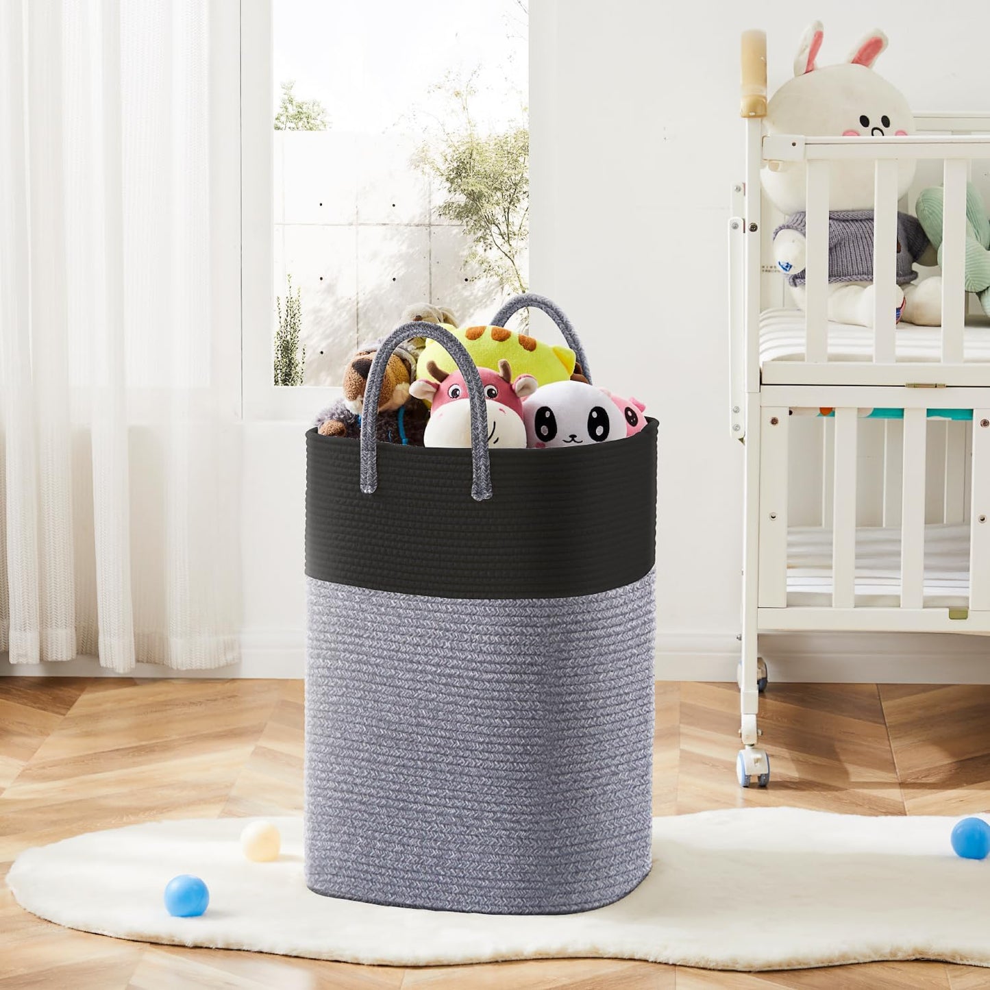 Laundry Basket / Woven Cotton Rope Laundry Hamper / 60L / Black