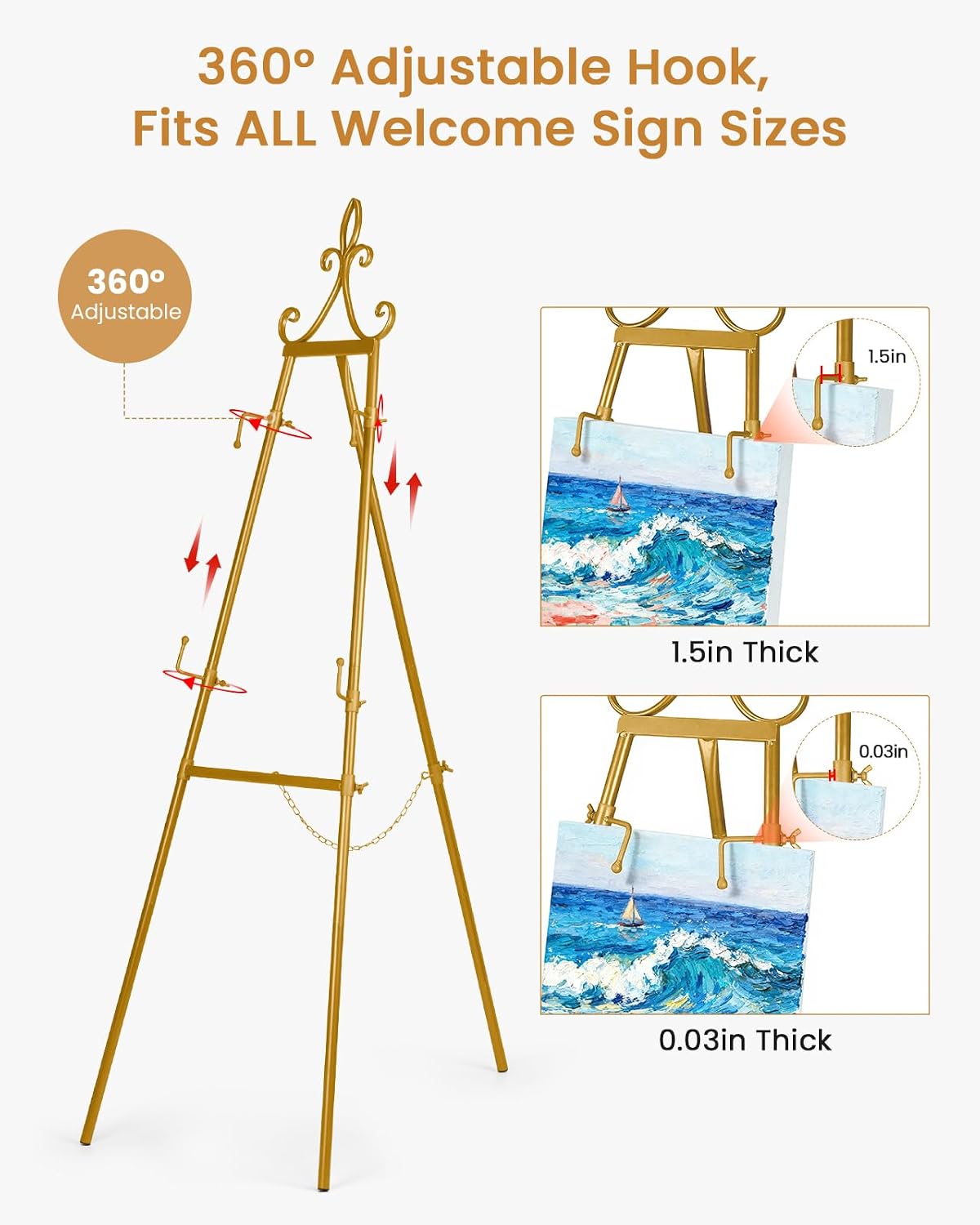 53.9" Gold Easel Stand for Sign, Heavy Duty Metal Display Easel with Storage Bag, Adjustable Art Easel for Wedding