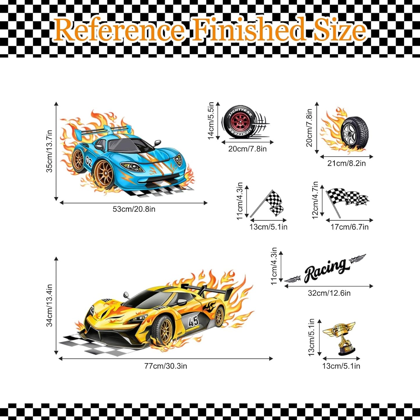 2 Large Racing Car Wall Decals Blue Car Trophies Wall Stickers Vinyl Removable Wall Art / Yellow