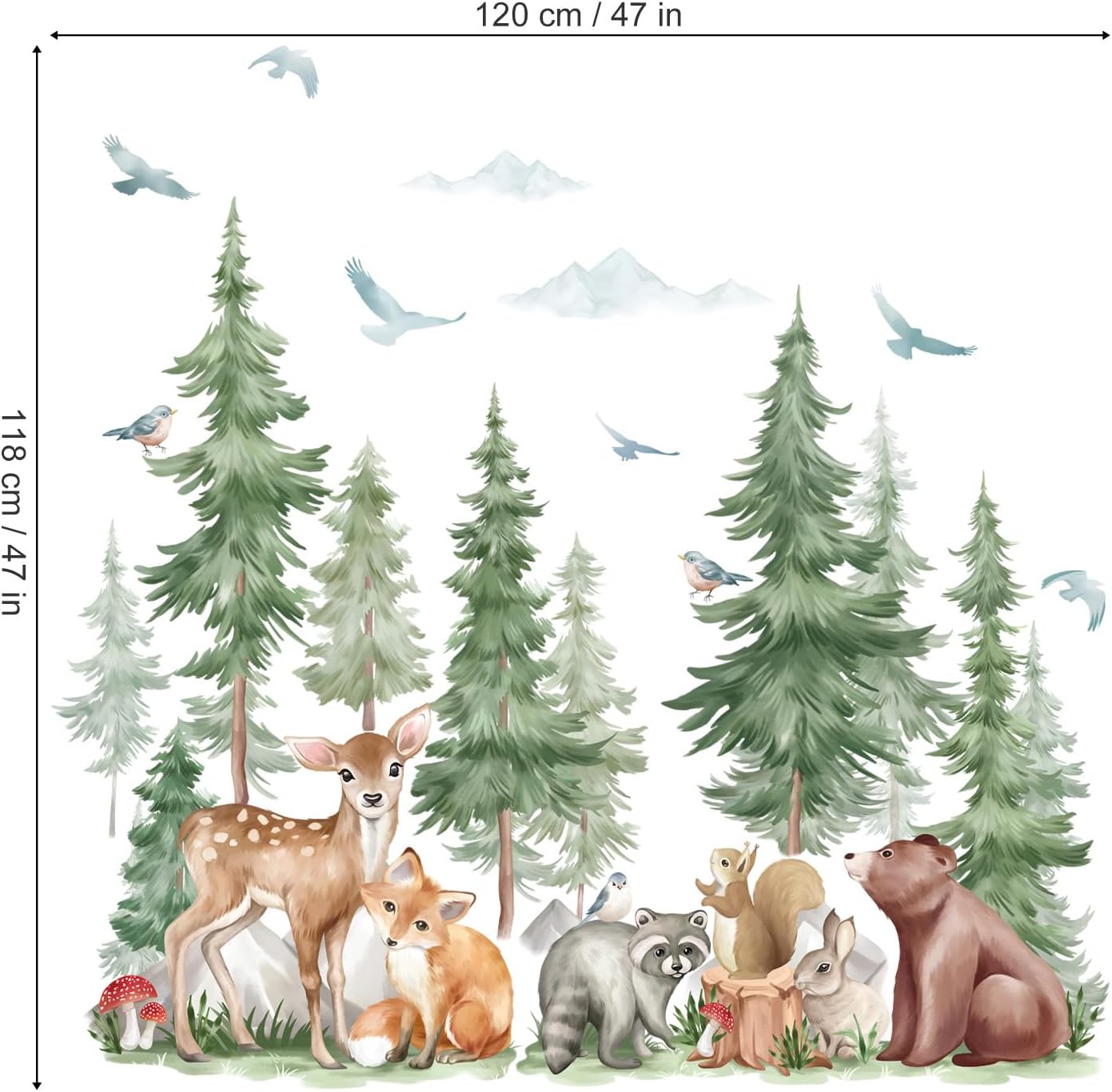 Mountain Tree Wall Stickers Large Pine Tree Forest Animal Bear Fox Peel and Stick Wall Art / A