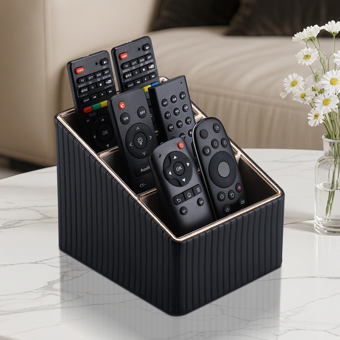 3 Slot PU Leather Remote Controller Holder / Black Striped