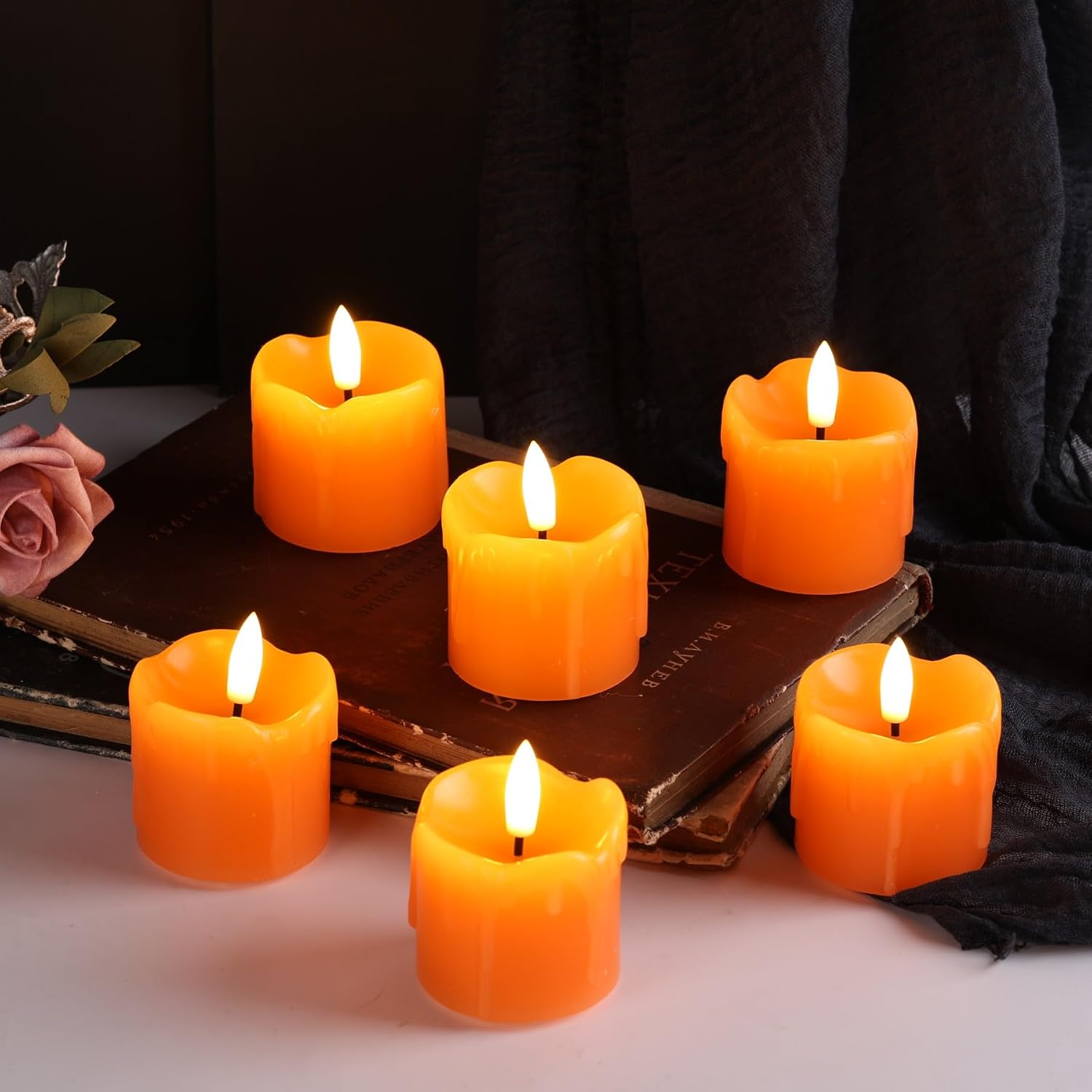 Orange Dripping Wax Flameless Votive Candles with Remote Batteries | Halloween Fall LED Candles, 2x2 inch Battery