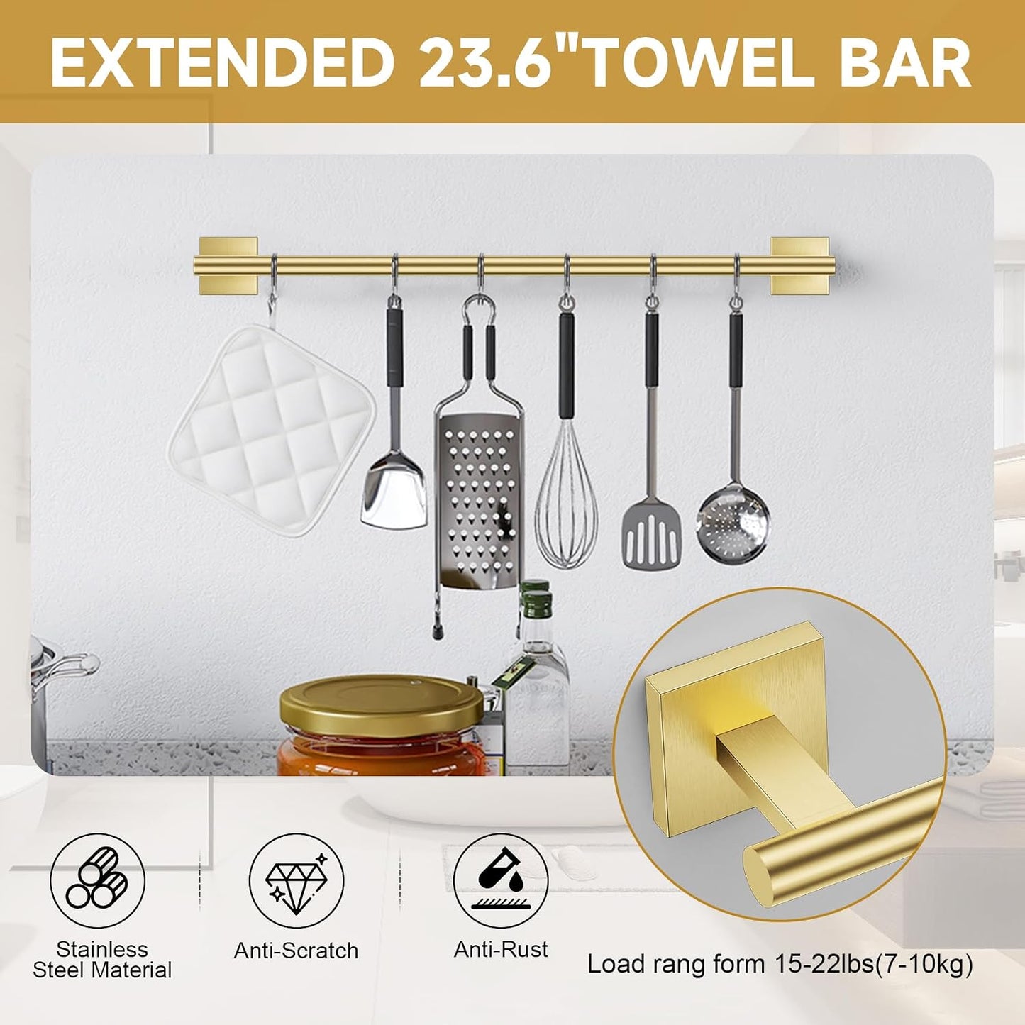 Brushed Gold Toilet Paper Holder Towel Bar Set, 5 Pieces Bathroom Hardware Accessories Set, 23.6 Inch Stainless Steel