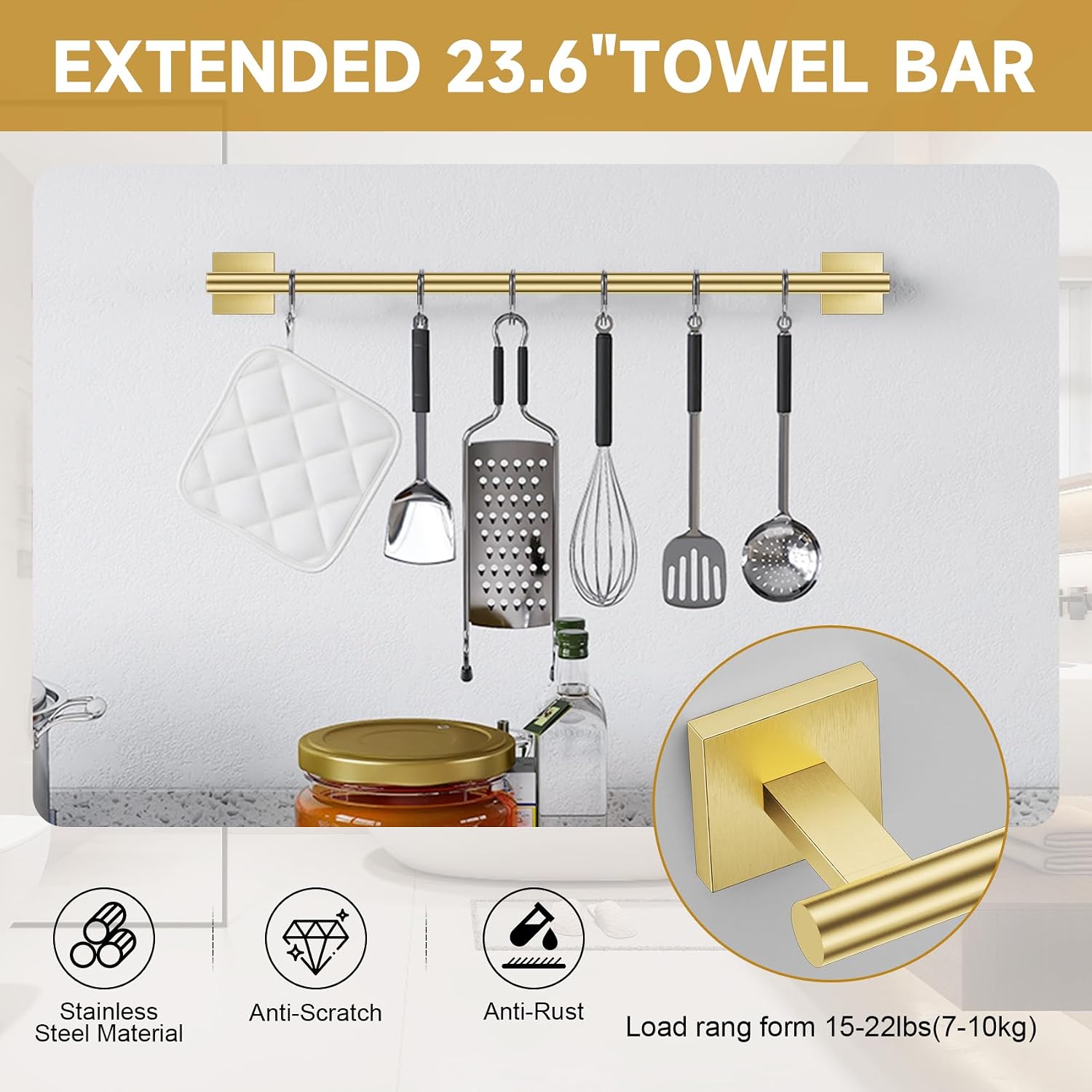 Brushed Gold Toilet Paper Holder Towel Bar Set, 5 Pieces Bathroom Hardware Accessories Set, 23.6 Inch Stainless Steel