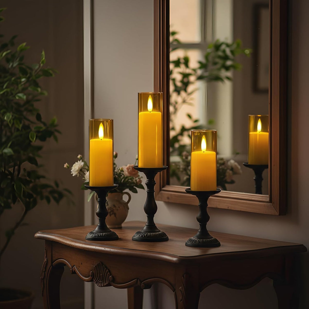 Homemory Amber Flameless LED Pillar Candles, Remote Timer, 9 Pack | Battery operated flickering LED pillar candles
