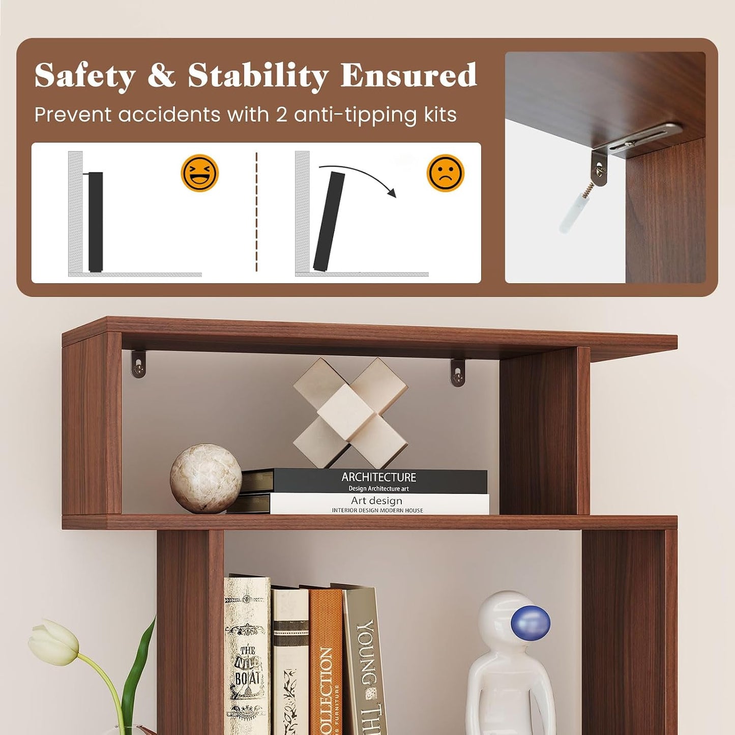 Giantex 6-Tier Geometric Bookshelf, S-Shaped Bookcase with 2 Anti-Tipping Kits, Wooden Display Shelf, Decorative