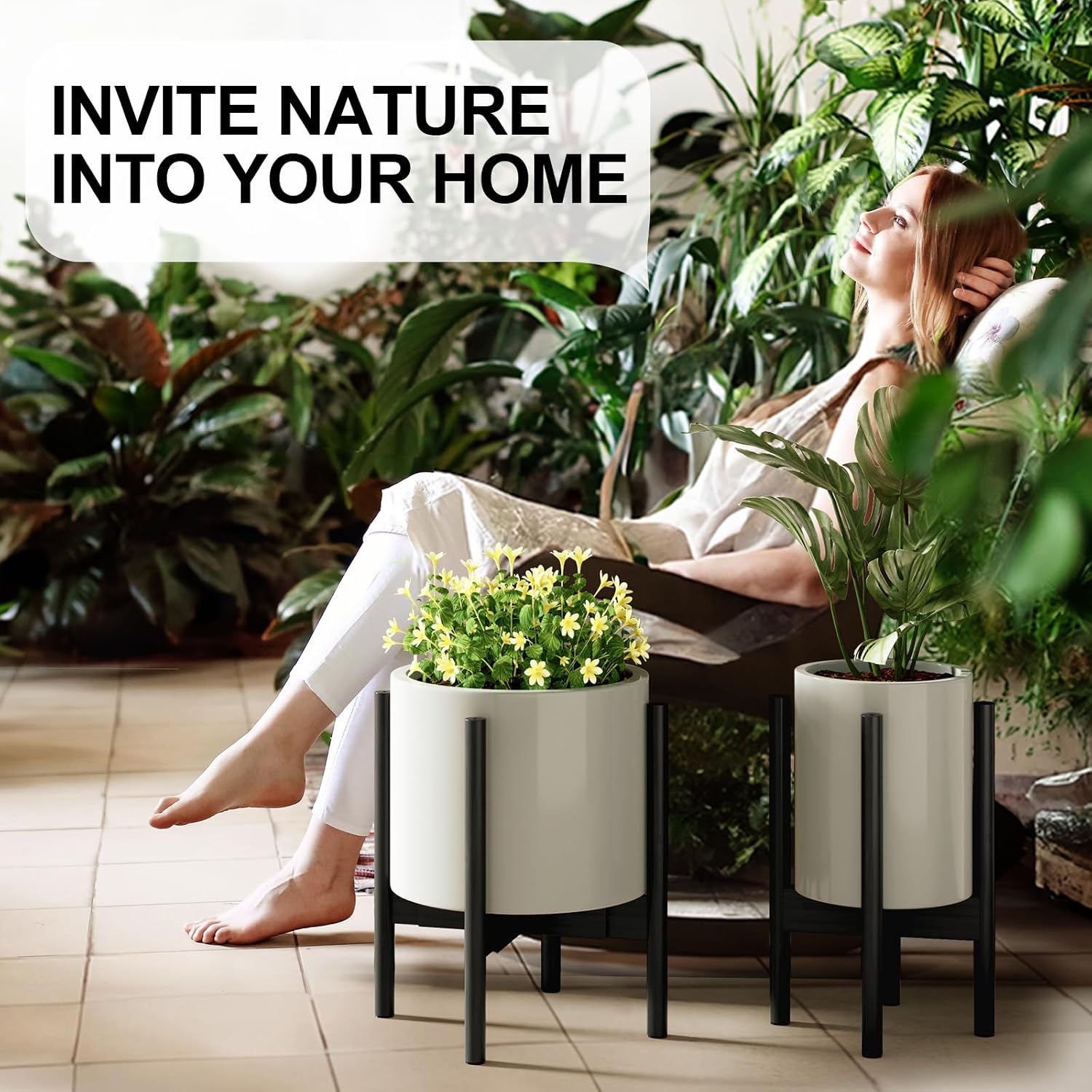 MUDEELA Plant Stand for Indoor Plants: Adjustable Width Fits 8-12 Inch Pots - Mid Century Modern Bamboo Plant Stand