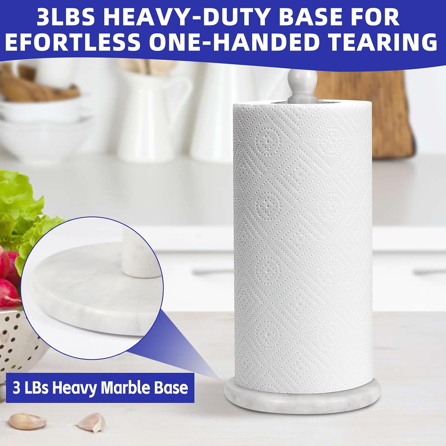 Natural Marble Paper Towel Holder for Kitchen Countertop - 2.6 lbs (1.2kg) Heavy Duty Weighted Base for One-Handed