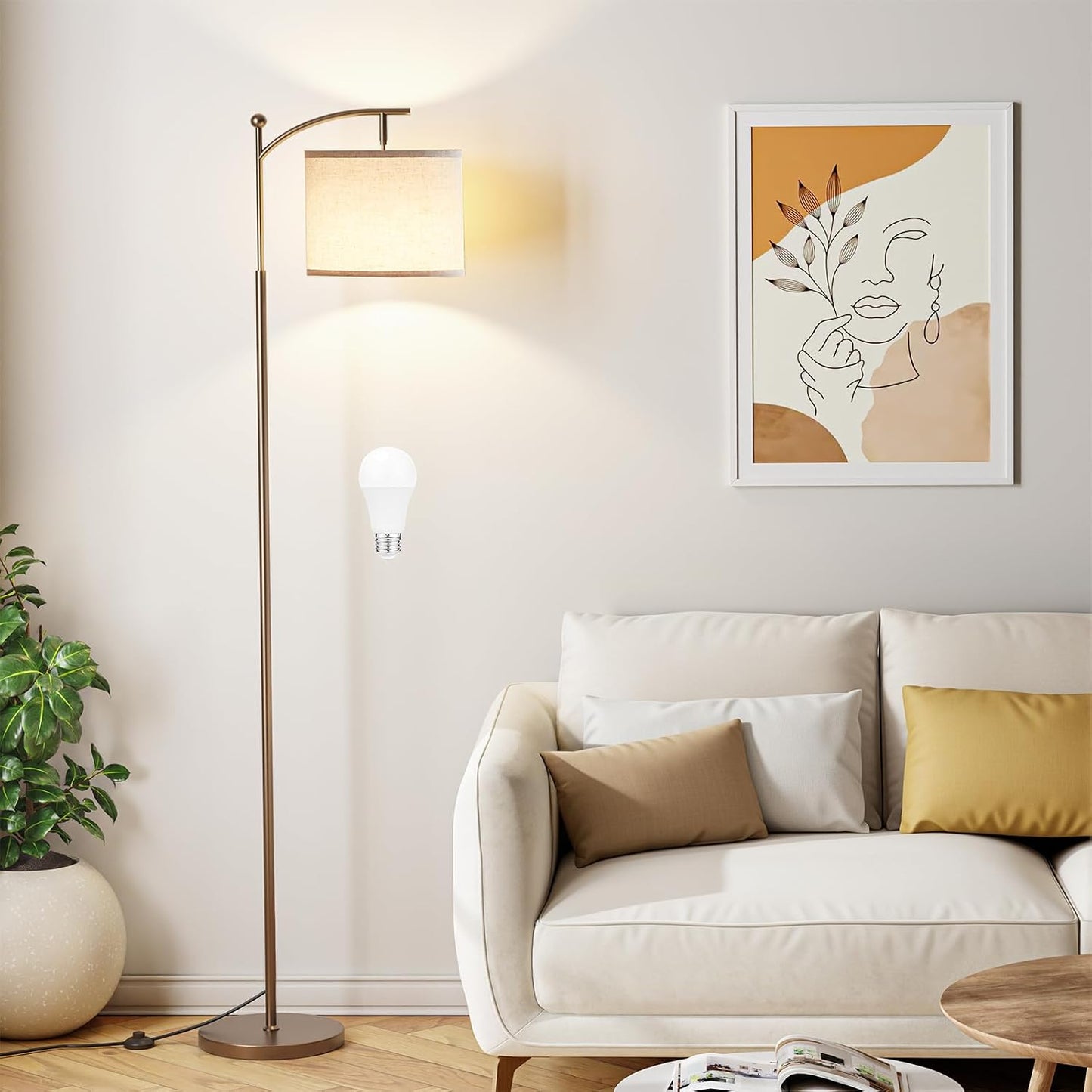 Ambimall 60" Floor Lamp for Living Room with 3 Color Temperatures, Adjustable Beige Shade with Brown Pole, Tall Lamp