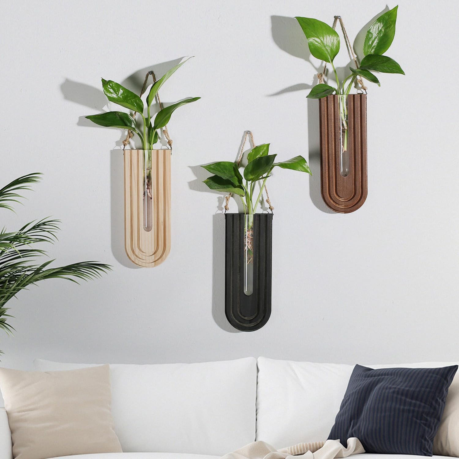 Indoor Wood Wall Planter for Plants / Black + Brown + Dark Brown / Set of 3