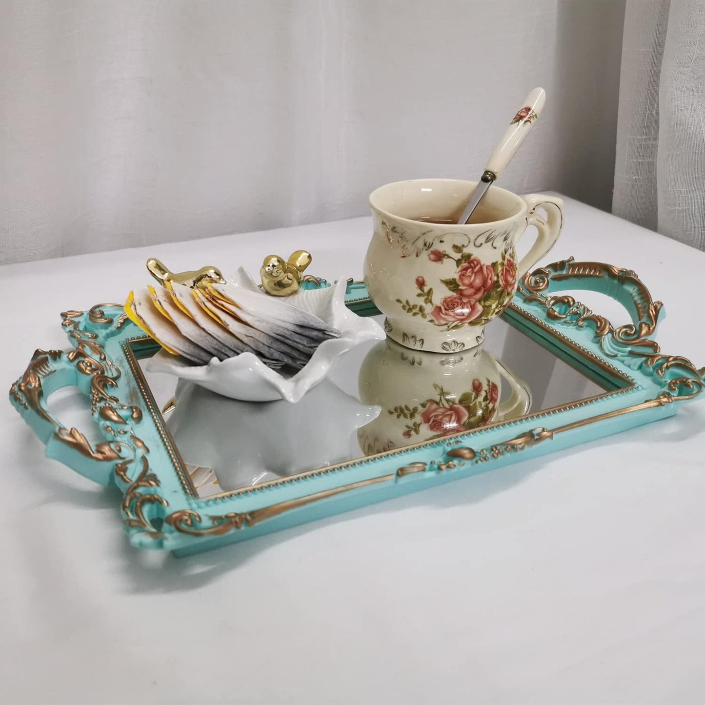 Serving Tray / Makeup Organizer / Golden Blue / 13 x 7.8