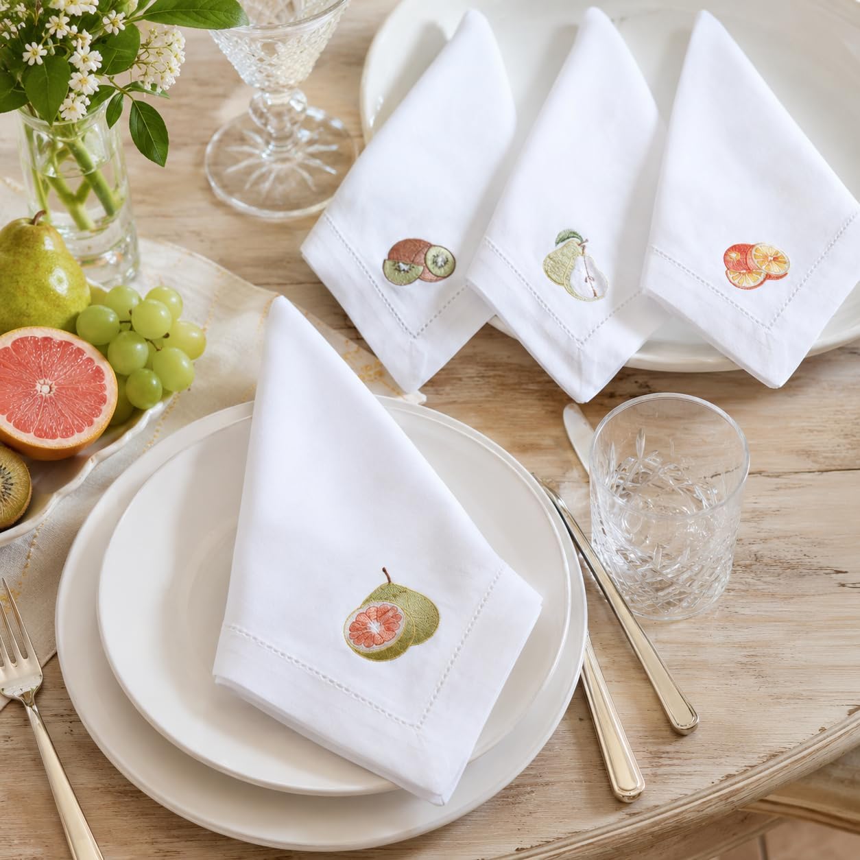 Cotton Dinner Napkins Set of 12, 18x18 White Embroidered Hemstitched Cloth