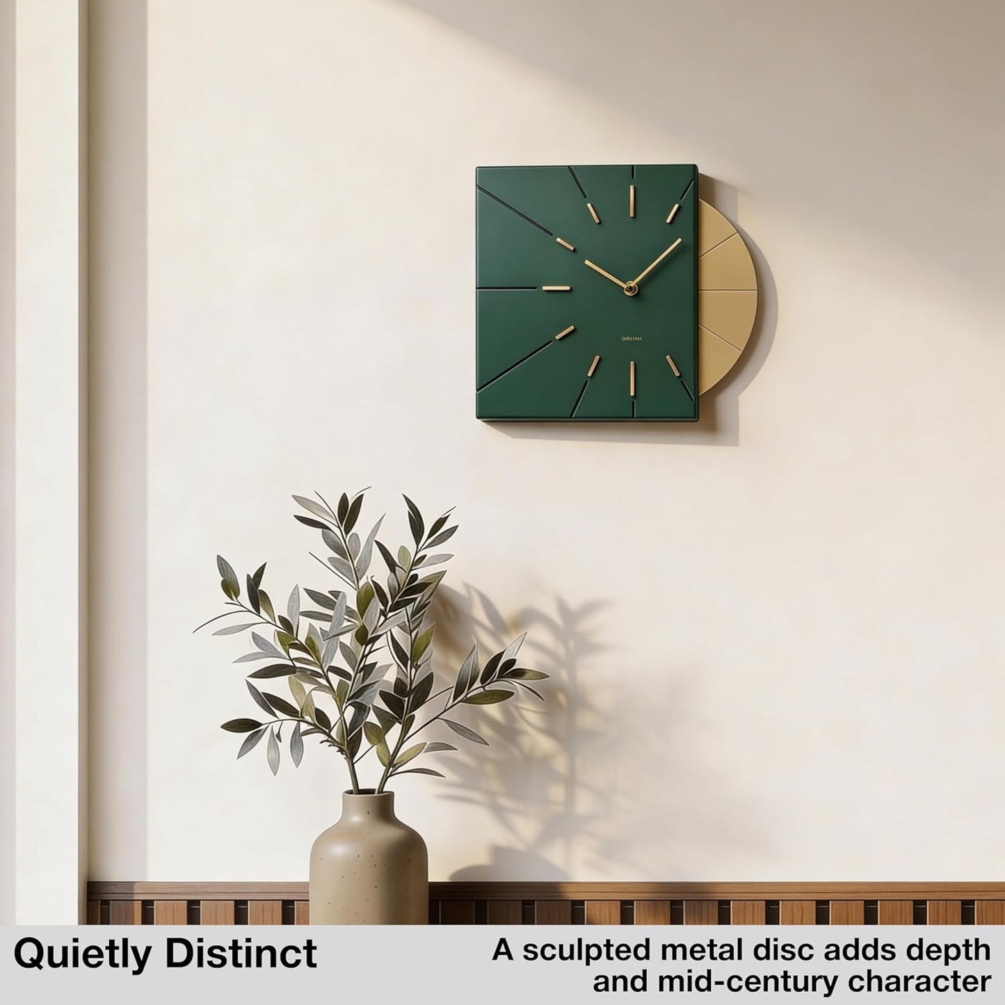 Driini Clocks Mid Century Modern Wall Clock - Square Green Clock with Decorative Gold Accent- Unique and Cool Clock