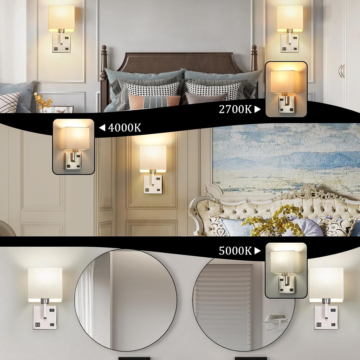 AVV Bedroom Sconces Set of 2, Wall Mounted Bedside Lamps with USB Port, AC Outlet and 3 Color Selectable