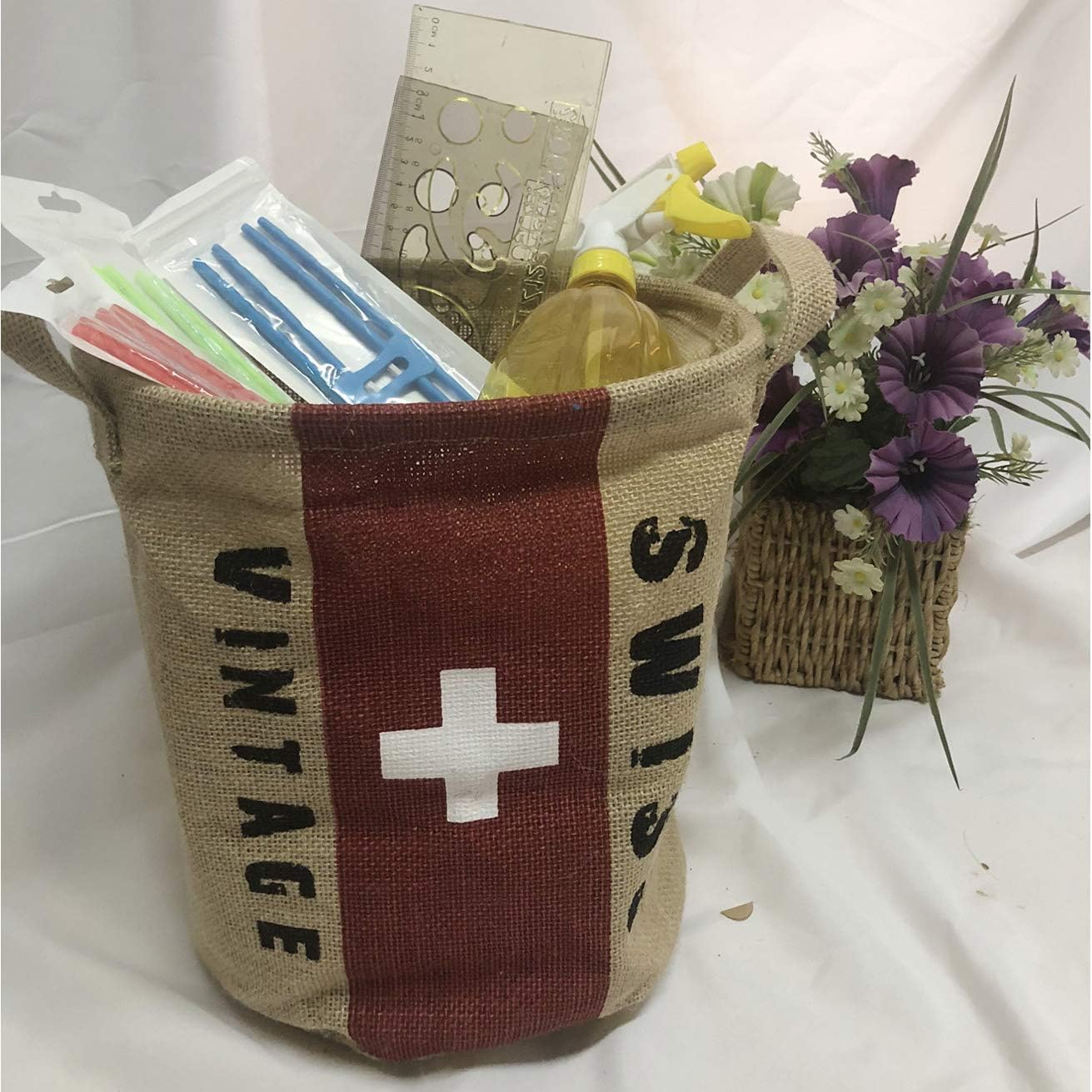 Burlap Woven Storage Basket Collapsible Vintage / Swiss Flag