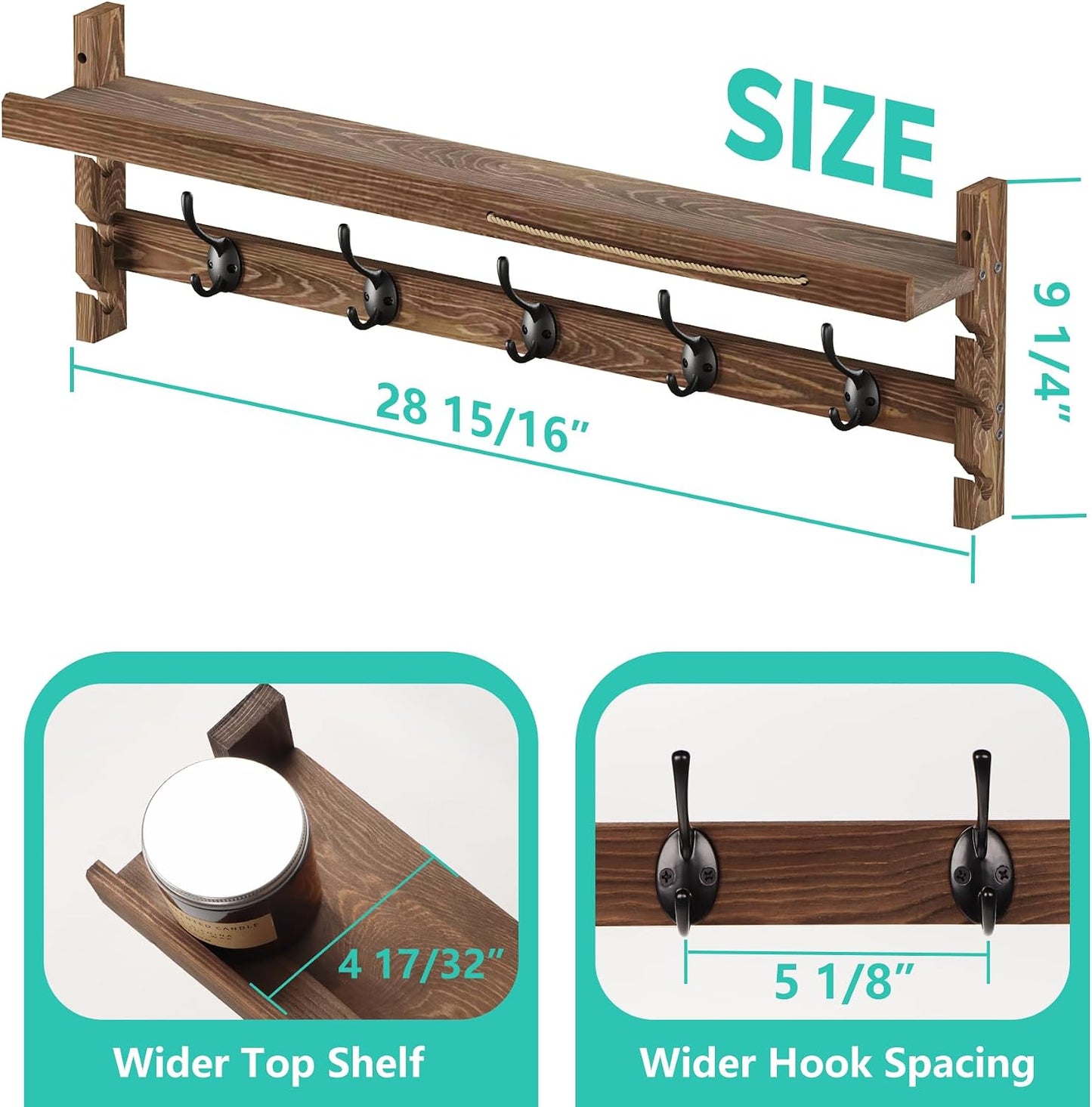 Wood Coat Hooks / 5 Hooks / 28.9 Inch