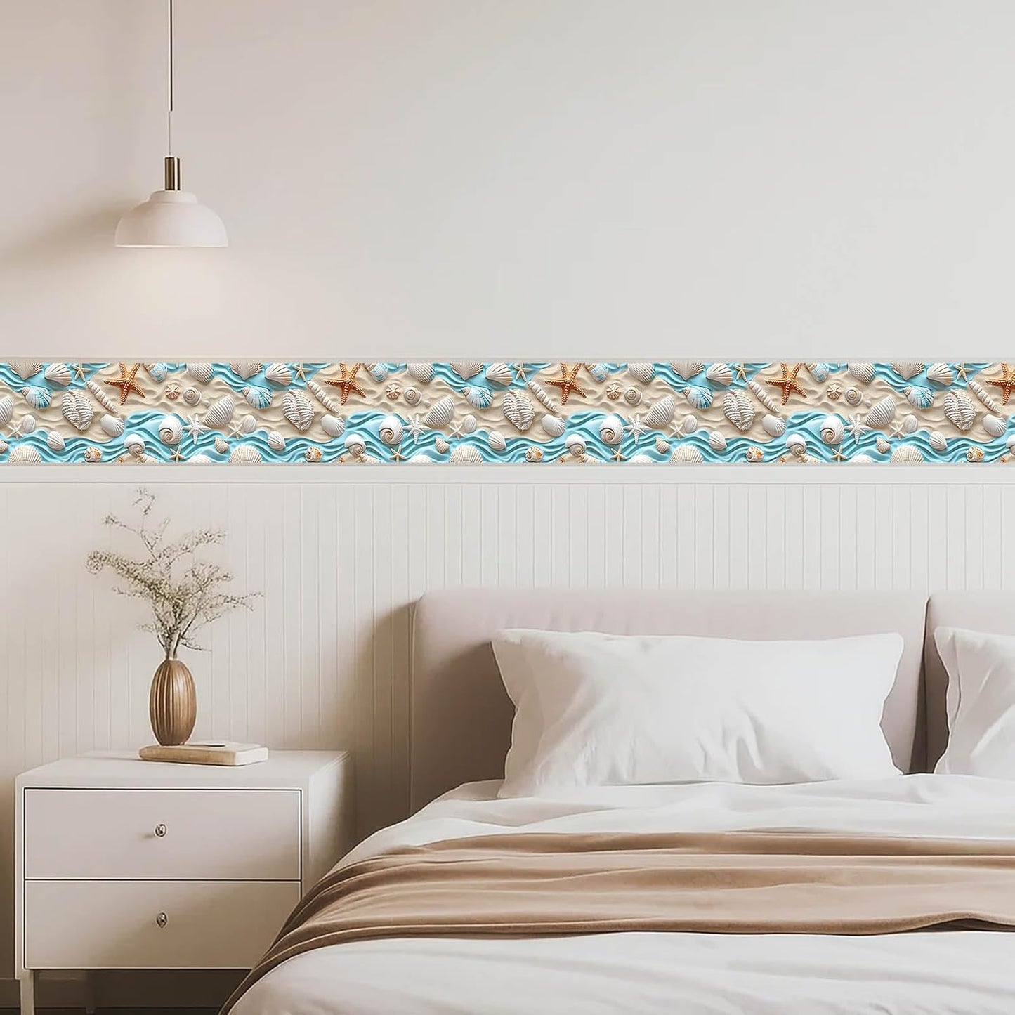Gold Seashell Starfish Sand Peel and Stick Wallpaper Border Self / Seashells Sand / Blue / 4 x 196