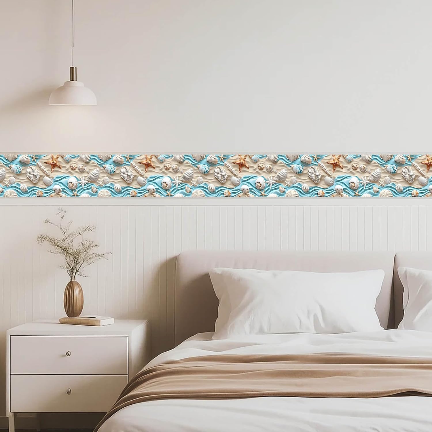 Gold Seashell Starfish Sand Peel and Stick Wallpaper Border Self / Seashells Sand / Blue / 4 x 196