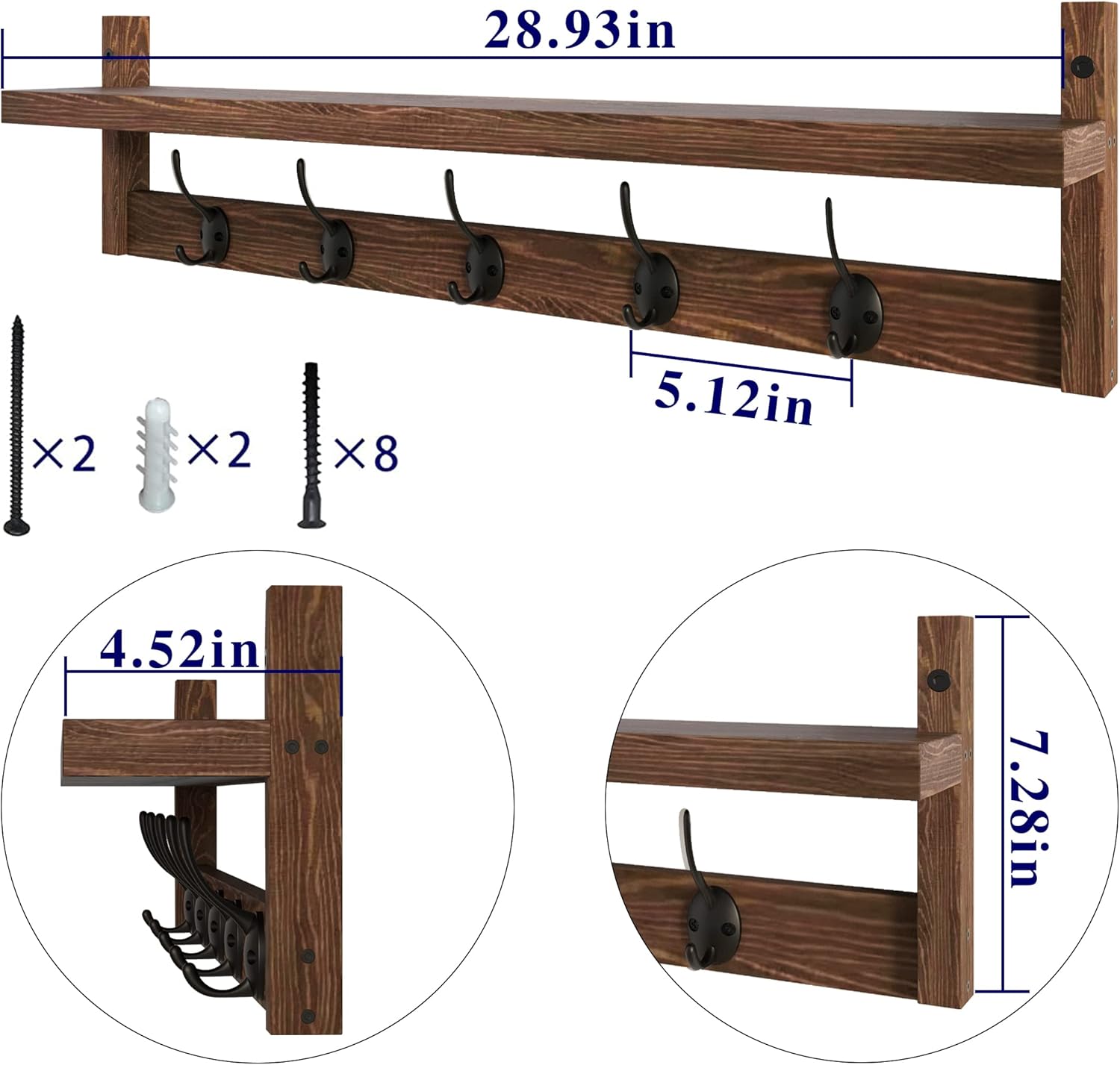 Hooks Entryway Coat Rack Wall Mount Wood Coat Hooks / 28.9inch / Retro Brown