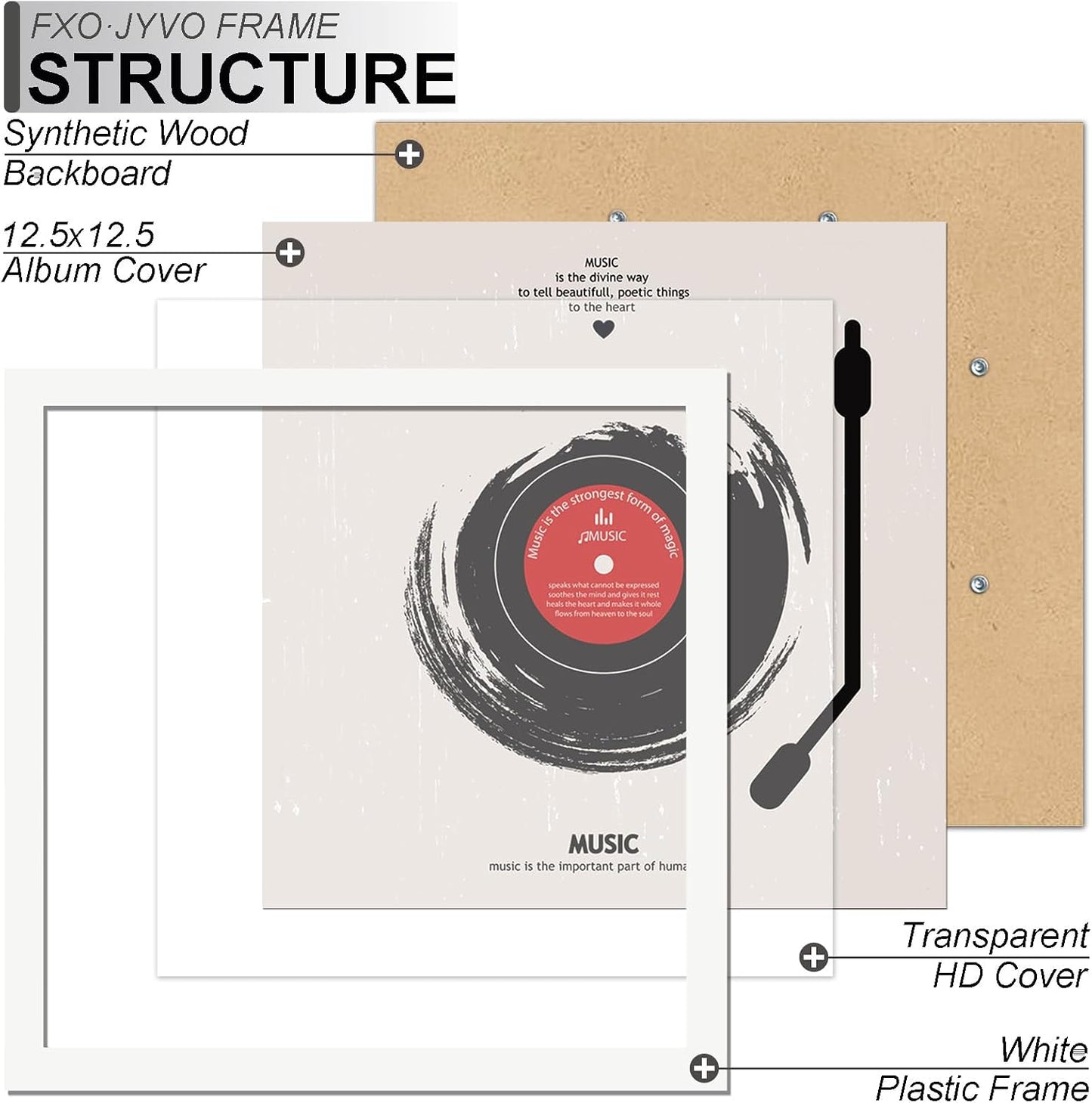 Vinyl Record Frame Display for 12 inch LP with 12.5x12.5 Album Cover | White 12.5 x 12.5 Frame Light Weight with