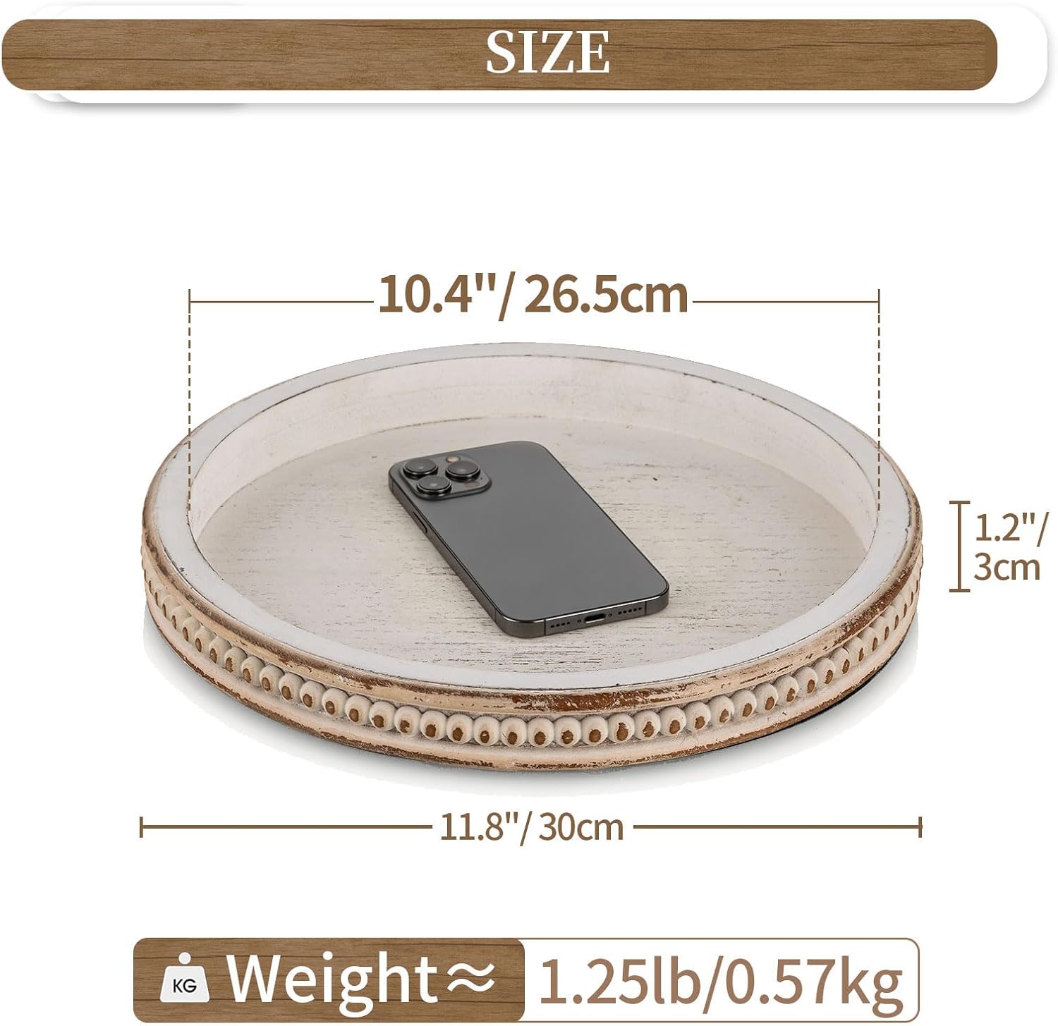 10.5- Round Whitewashed Wood Tray for Rustic Farmhouse Living Room Kitchen / 11.8 / White Washed