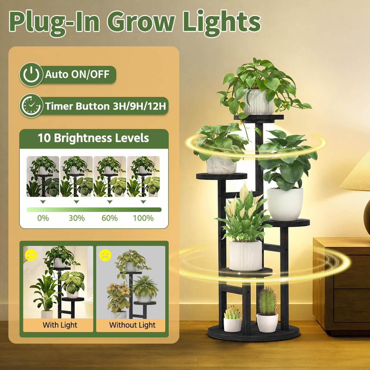 LASZOLA Wood Small Plant Stand Table Indoor Tall with Lights, 4 Tier Black | Corner Flower Pot Holder Rack for Multiple