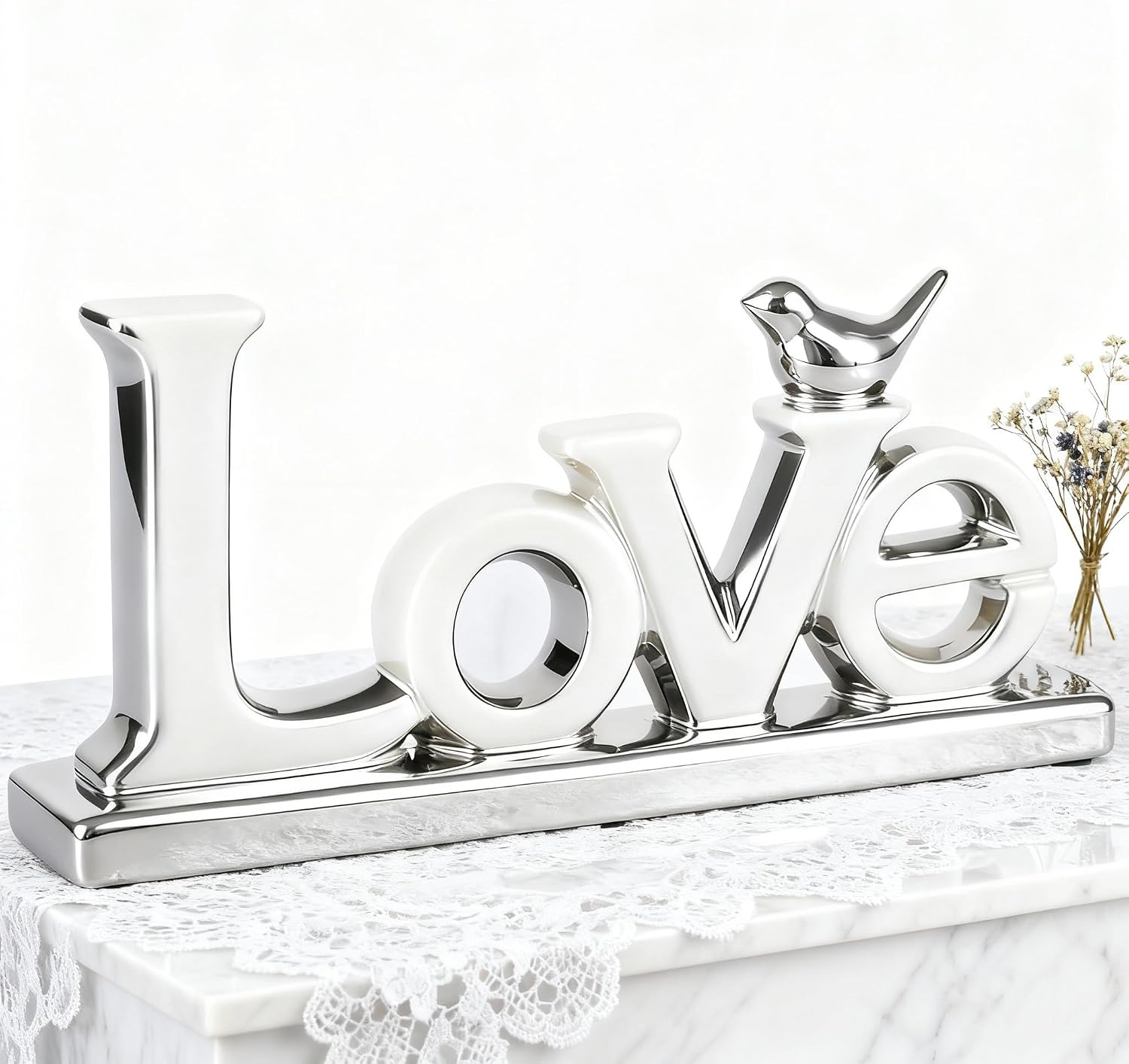 Modern Bird Sculpture Personalized Love Decor / Silver Love