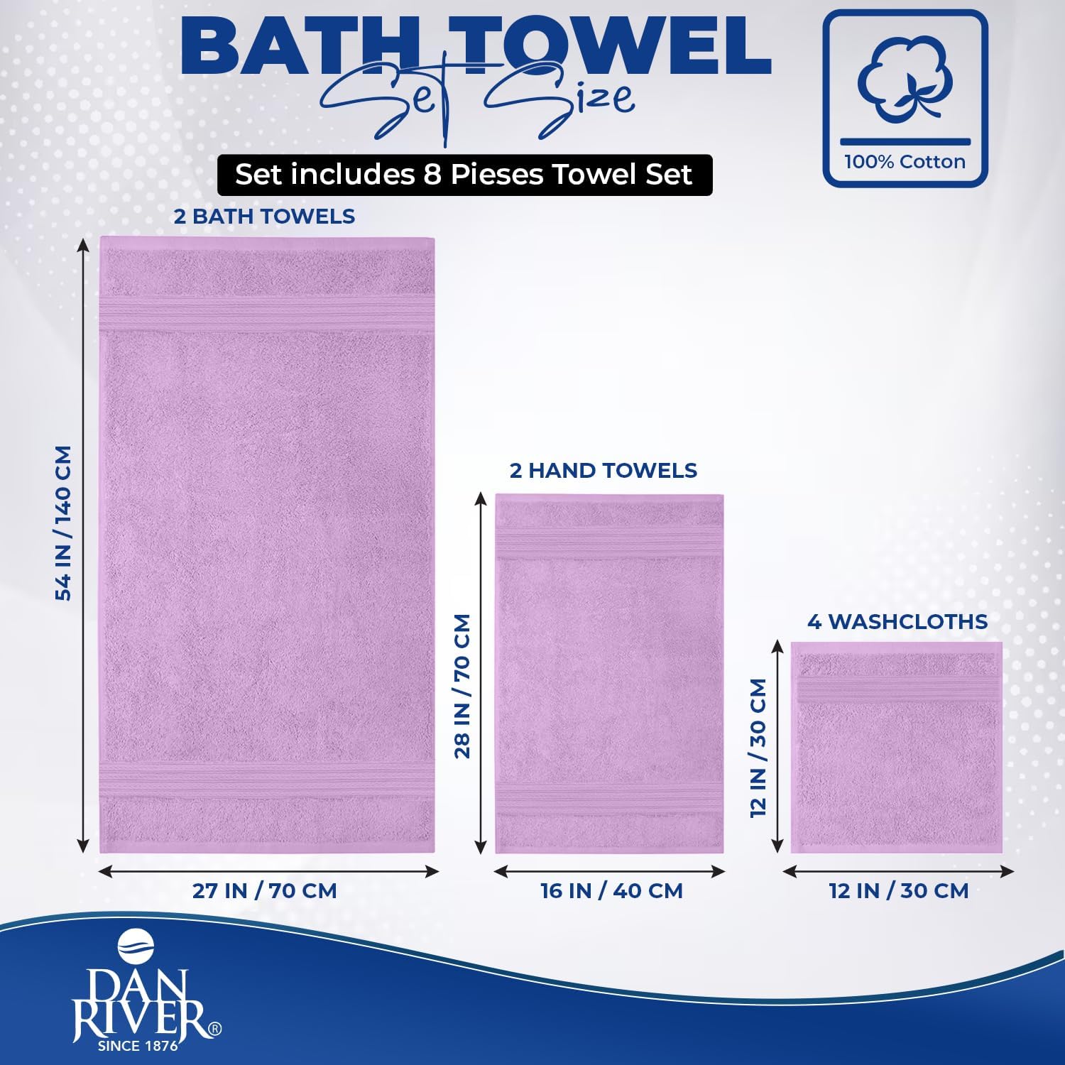 DAN RIVER 8 Piece Luxury Bath Towels for Bathroom, Towel Set, Lavendar | 2 Bath towels, 2 Hand towels, and 4 Wash