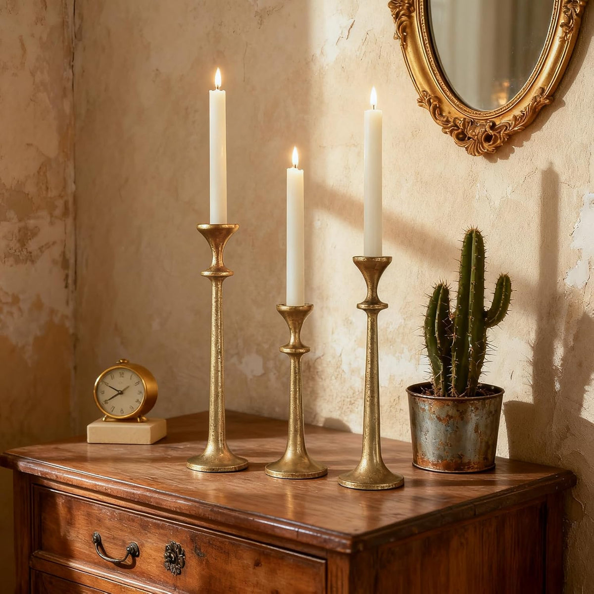 Gold Taper Candle Holders Set of 3 Heavy Cast Iron Antique Brass Candlestick Holder for Table Centerpiece Vintage